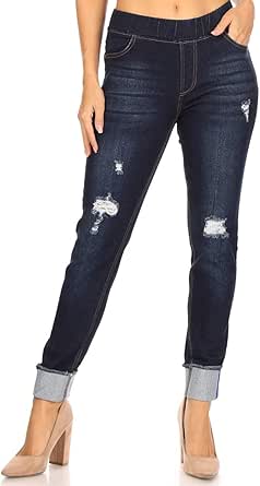 Women's Stretch Pull-On Jeans Skinny Ripped Distressed Denim