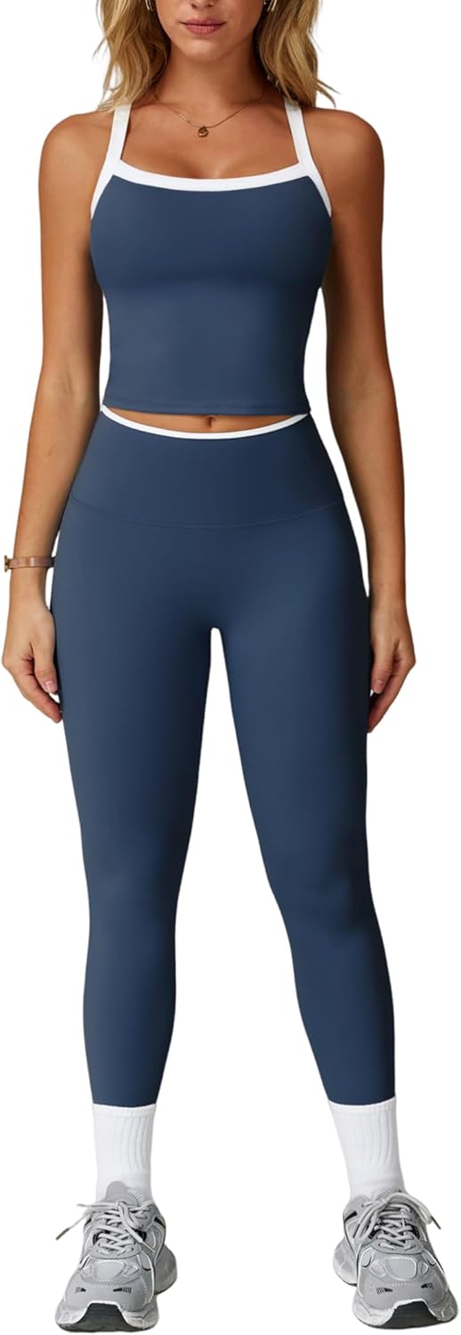 Womens Workout Sets Two Piece Cross Back Tank Top Leggings