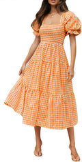 Bohemian Plaid Square Neck Puff Sleeve Midi Dress - Flattering Summer