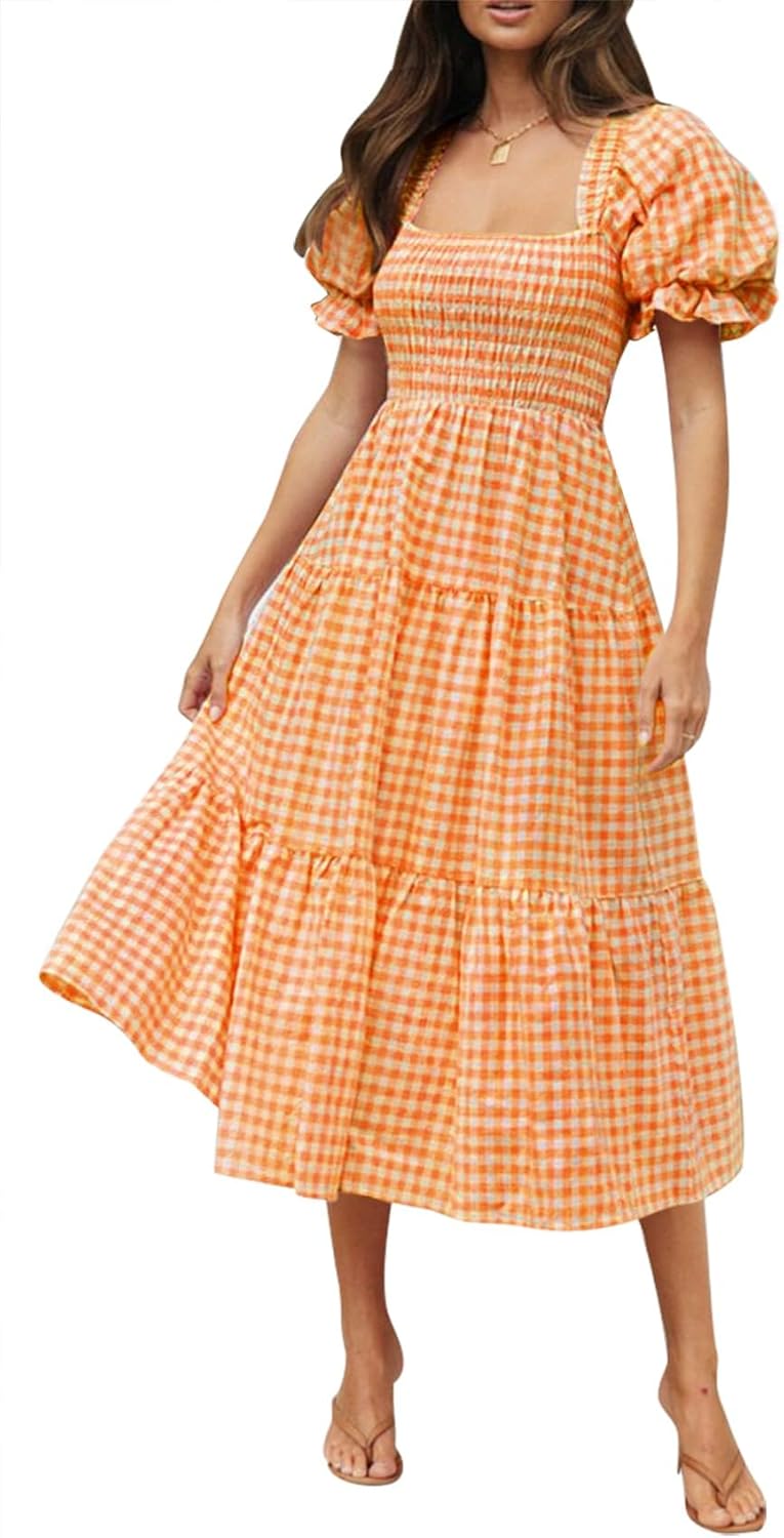 ZESICA Women's Bohemian Summer Midi Dress with Puff Sleeves