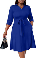 Plus Size Midi Dress for Women - V Neck 3/4 Sleeve Elegant Fit