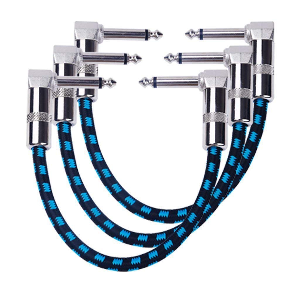 3-Pack Guitar Patch Cables - Sleek Black & Blue Woven Jacket, Effortless Pedal Board Connectivity