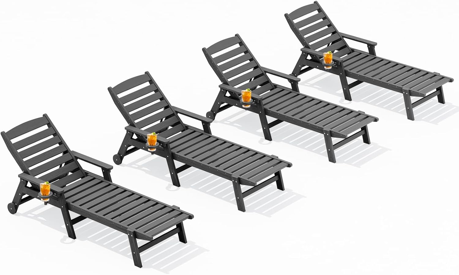 Adjustable Outdoor Lounge Chair Set of 4 with Wheels & Cup Holder