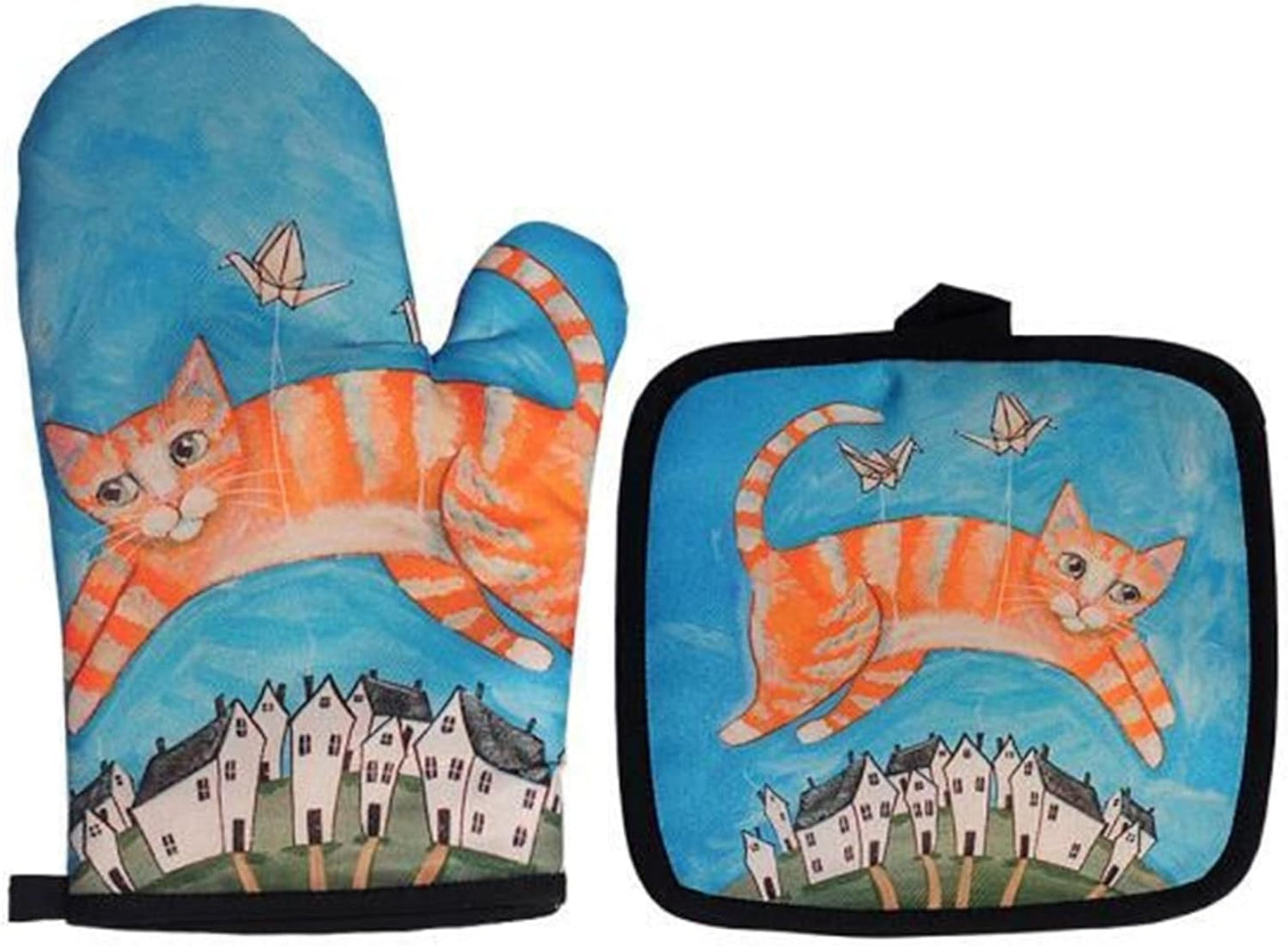 Cute Blue Cat Baking Gloves Set - Oven Mitts & Mat