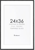 24x36 Black Picture Frame Solid Oak Wood Frame - Tempered Glass