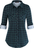 Womens Soft Stretchy Knit Plaid Shirt - Roll Up Long Sleeve Fit