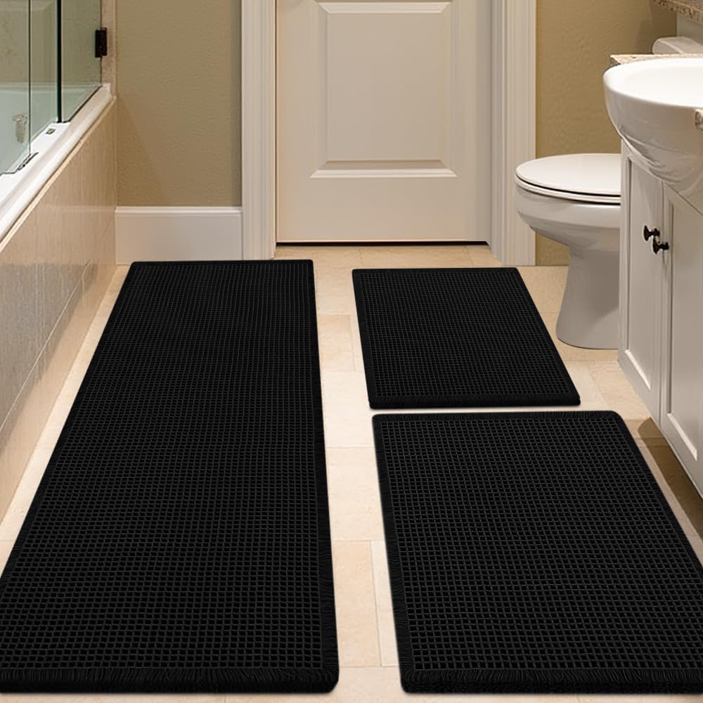 Waffle Bath Mat Set 3 Piece Black, Soft Washable Boho Rugs