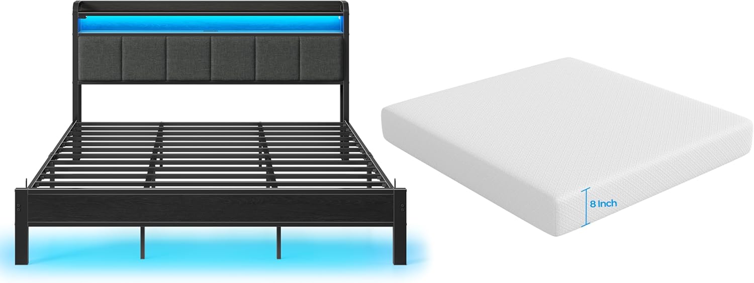 Rolanstar King Size Bed Frame with Charging Station and Storage