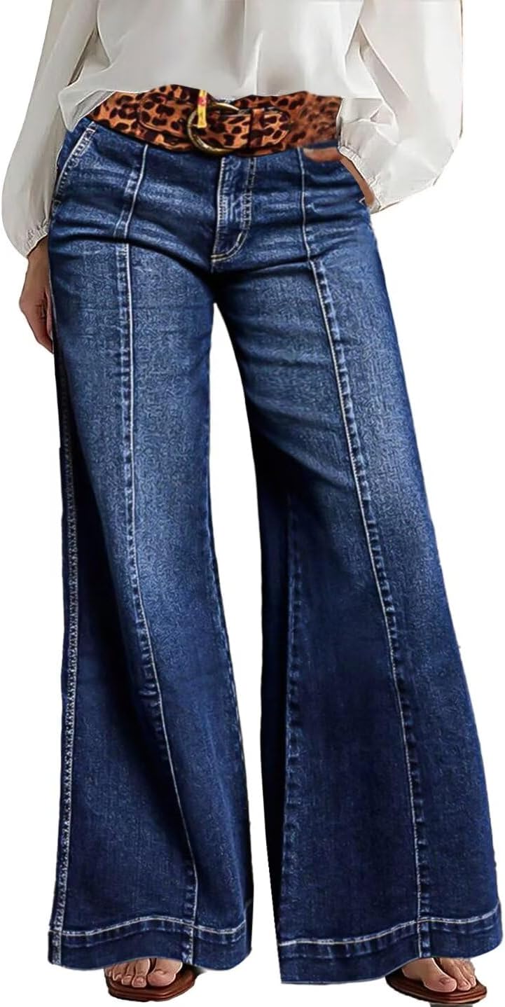 Flamingals Wide Leg Jeans for Women with Stylish Stitch Decor