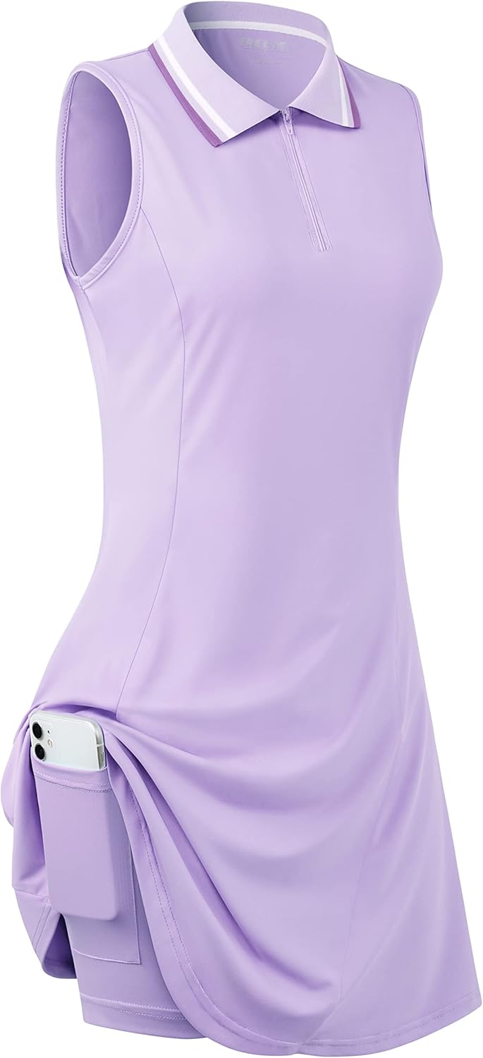 Womens Sleeveless Golf Tennis Dresses with Inner Shorts & Pockets