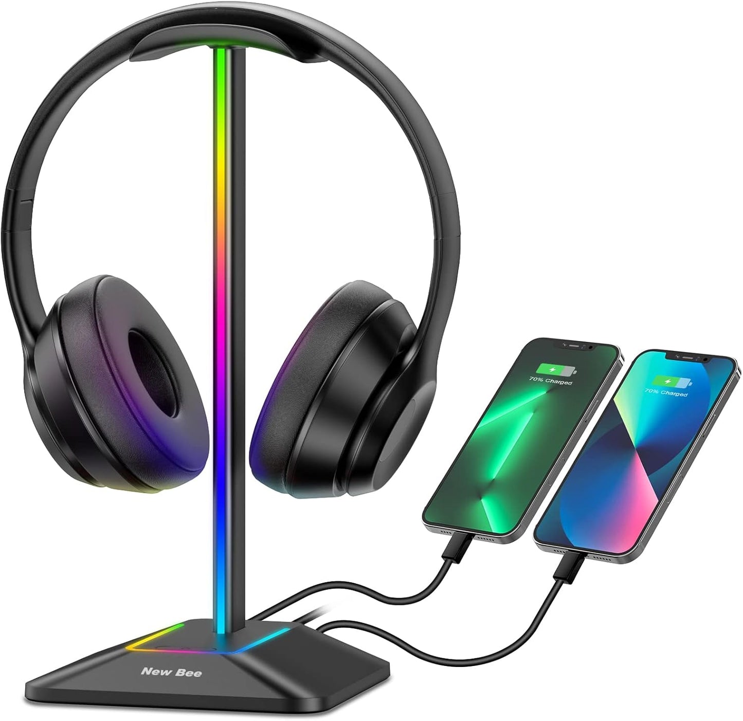 New Bee RGB Headphone Stand: Dual Charging Ports, 7 Light Modes