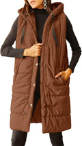 Long Quilted Puffer Vest Sleeveless Hooded Button Down - Warm Layer