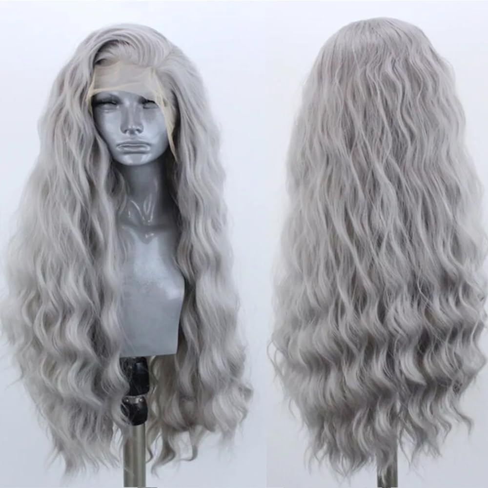 ELESTY Long Wavy Grey Hair Synthetic Lace Front Wig for Women