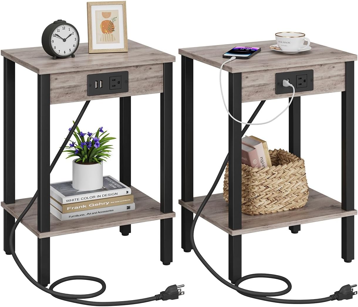 Set of 2 End Tables with Charging Station for Small Spaces