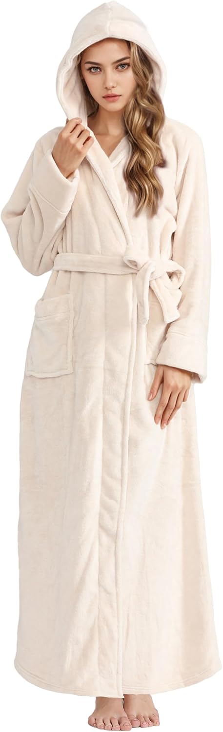 Luxurious Flannel Fleece Long Hooded Robe for Women Comfort
