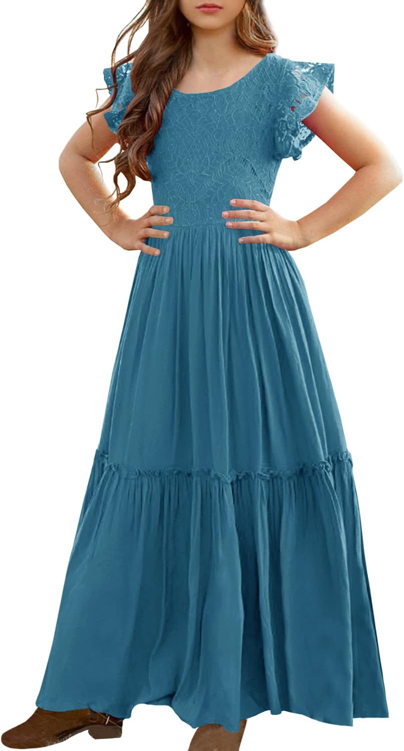 Elegant Girls Lace Flower Ruffle Sleeve A-Line Maxi Dress