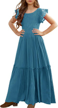 Girls Lace Flower Ruffle Sleeve Maxi Dress with Pockets - Elegant