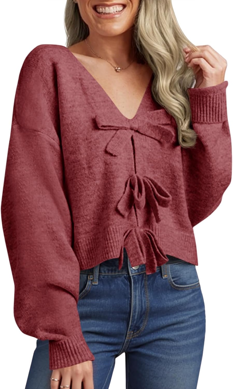 Cropped V Neck Bow Sweater for Women - Trendy Fall Knit Style