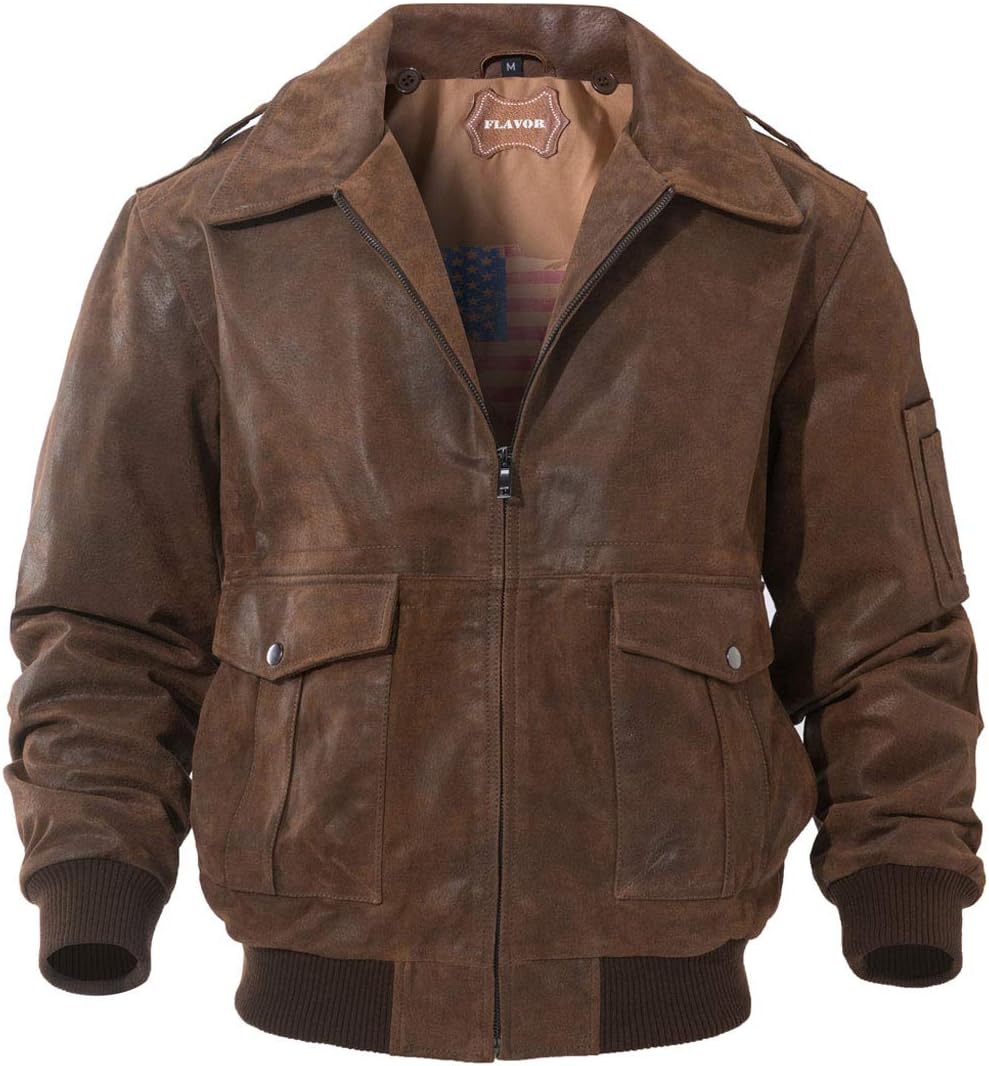 FLAVOR Men's Leather Flight Bomber Jacket for Stylish Comfort