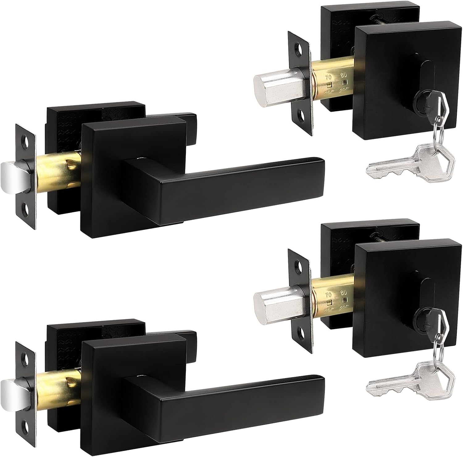 Probrico Flat Black Passage Door Lever and Deadbolts Combo Pack