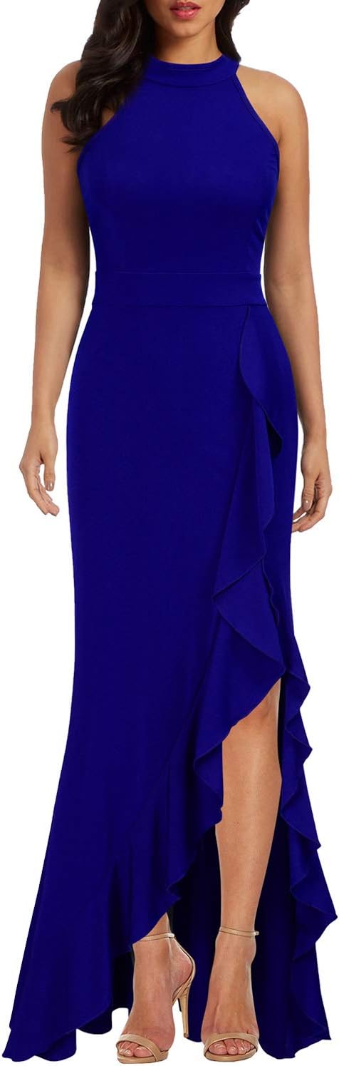 WOOSEA Women's High Neck Split Bodycon Mermaid Evening Dress
