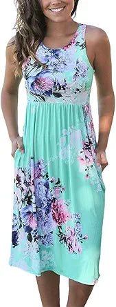 Supnier Women Summer Sleeveless Floral Print Midi Dress