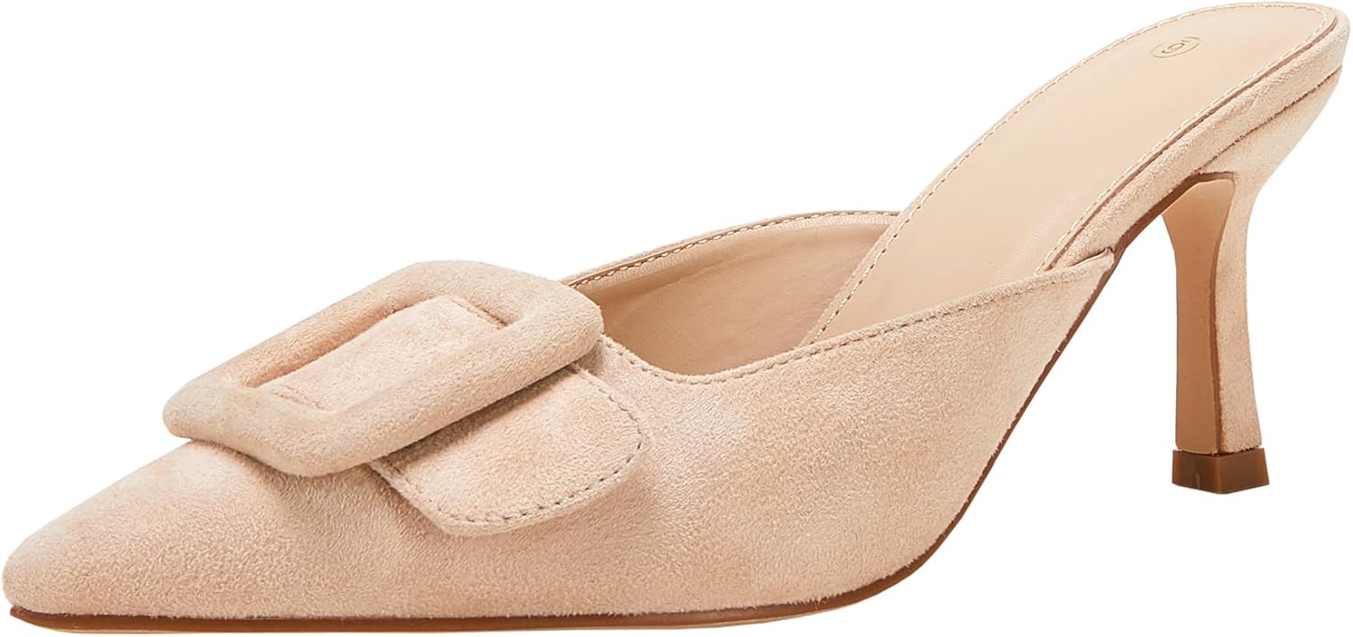 VETASTE Women's Heeled Mules with Pointed Toe and Buckle Design