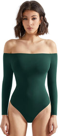 Off the Shoulder Long Sleeve Bodysuit - Slimming Double Lined Thong