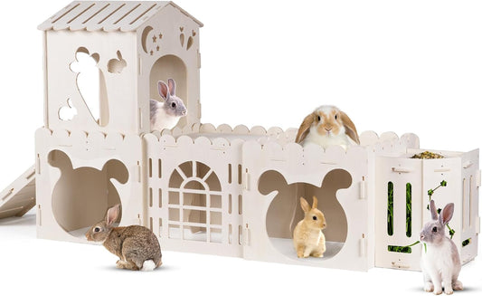 Extra Large Rabbit House with 4 Houses and Hay Feeder for Pets