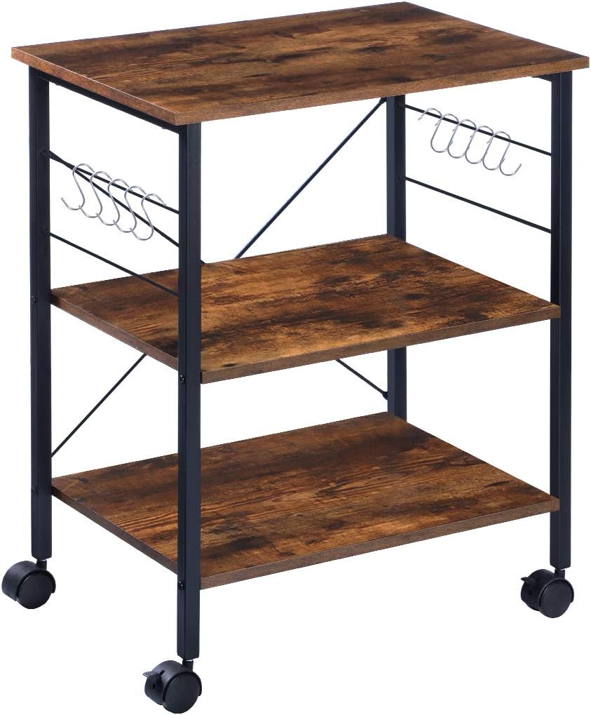 Rustic Brown 3-Tier Kitchen Cart with Hooks