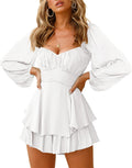 Women Off Shoulder Romper with Tie Waist - Lantern Sleeve Ruffle Mini