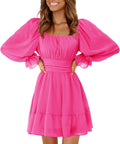 Women's Lantern Sleeve Square Neck Mini Dress - Tied Open Back