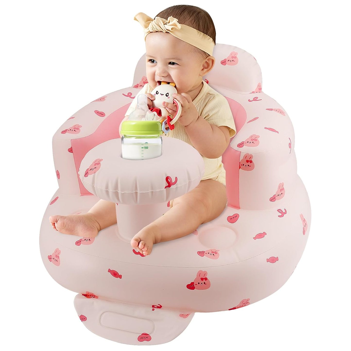 Portable Pink Baby Seat with Built-In Air Pump for Sitting Up