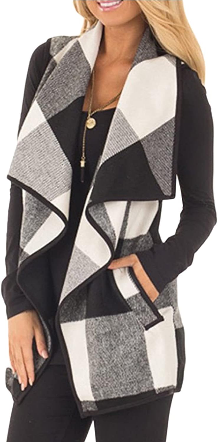 Women Plaid Vest Lapel Open Front Sleeveless Jacket Outerwear