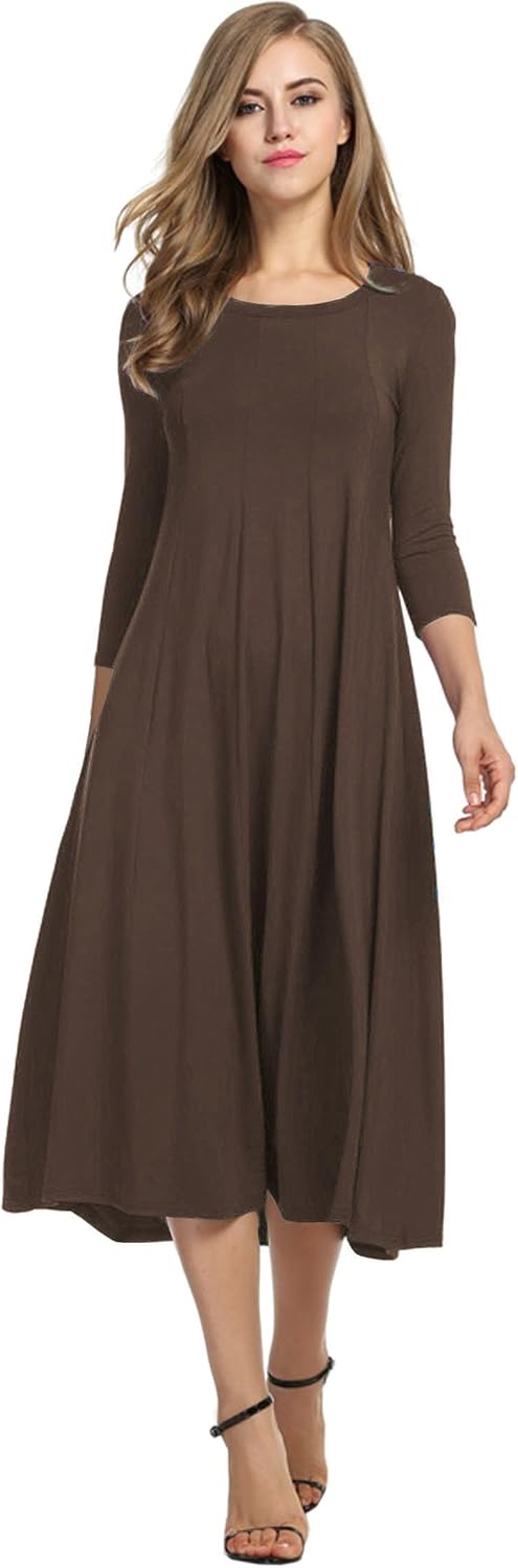HOTOUCH Women's 3/4 Sleeve A-line Midi Long Dress for Elegance