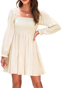 Women's Casual Square Neck Smocked Dress with Puff Sleeves - Flowy