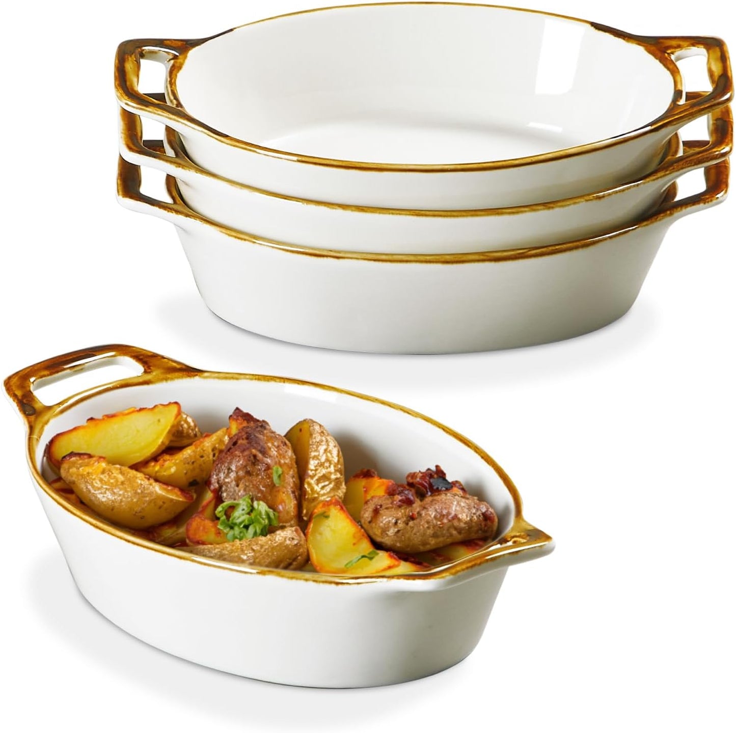 Au Gratin Baking Dish Set of 4, Ceramic Oval Dishes with Handles