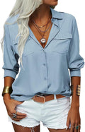 Womens Solid Lapel Long Sleeve Button Down Shirt - Lightweight