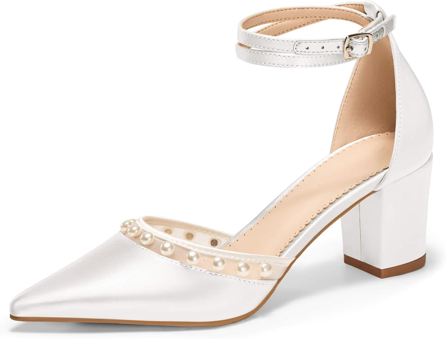 Coutgo Womens Pearl Chunky Heels Wedding Shoes for Bride