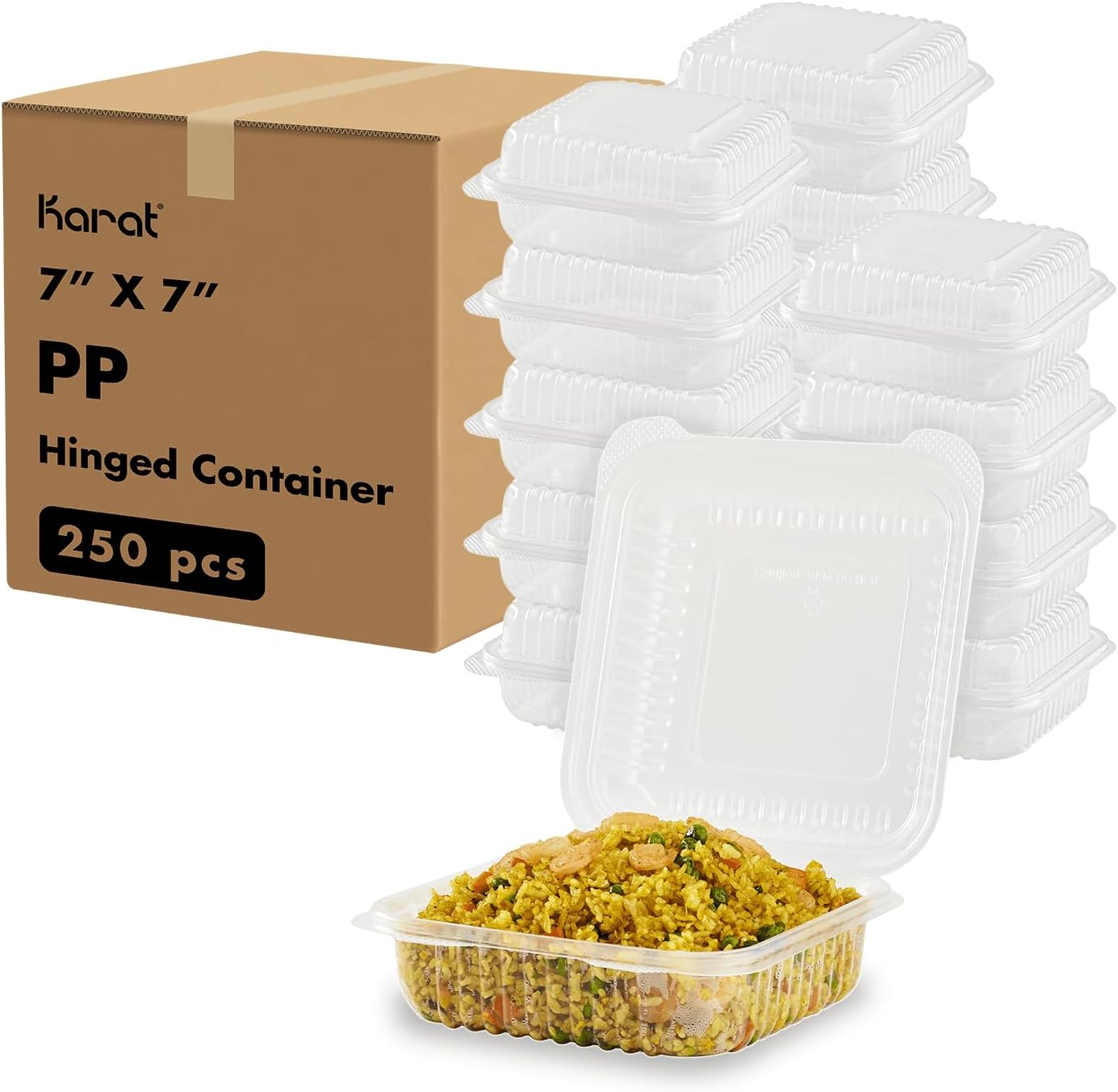 Karat PP Hinged Container 7in x 7in Clear Case of 250 Units