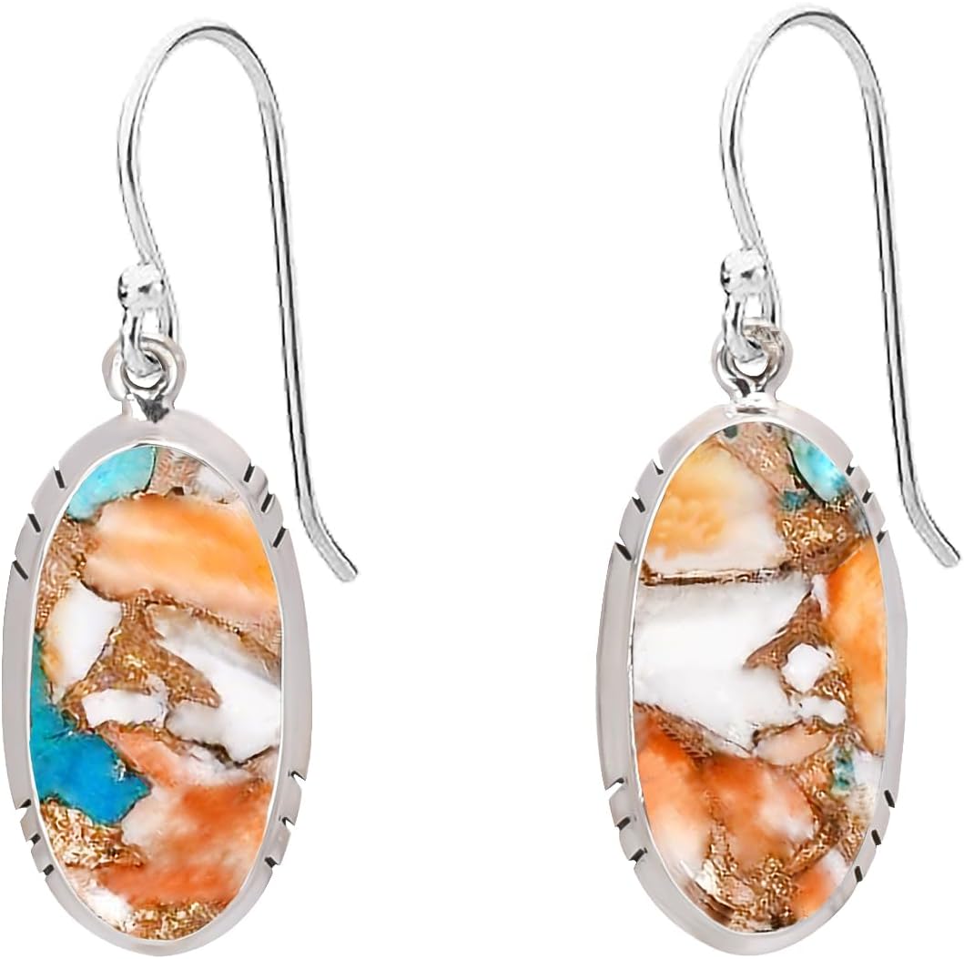Solid 925 Sterling Silver Dangle Earrings with Orange Turquoise