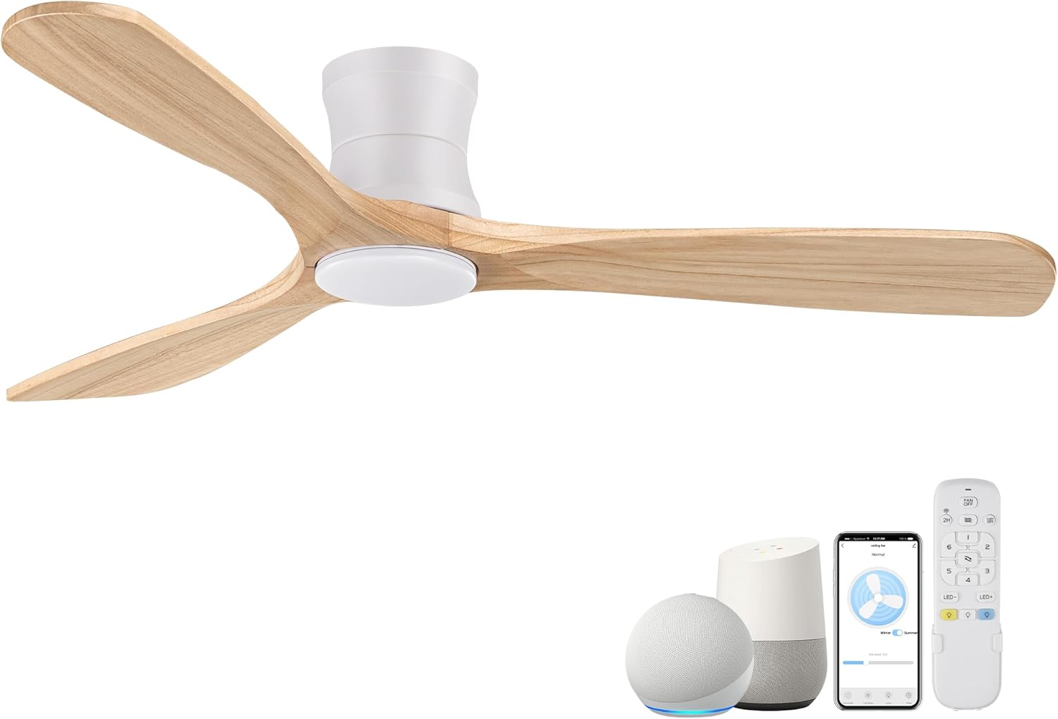 Smart 52 Wood Flush Mount Ceiling Fan with Lights & Remote Control