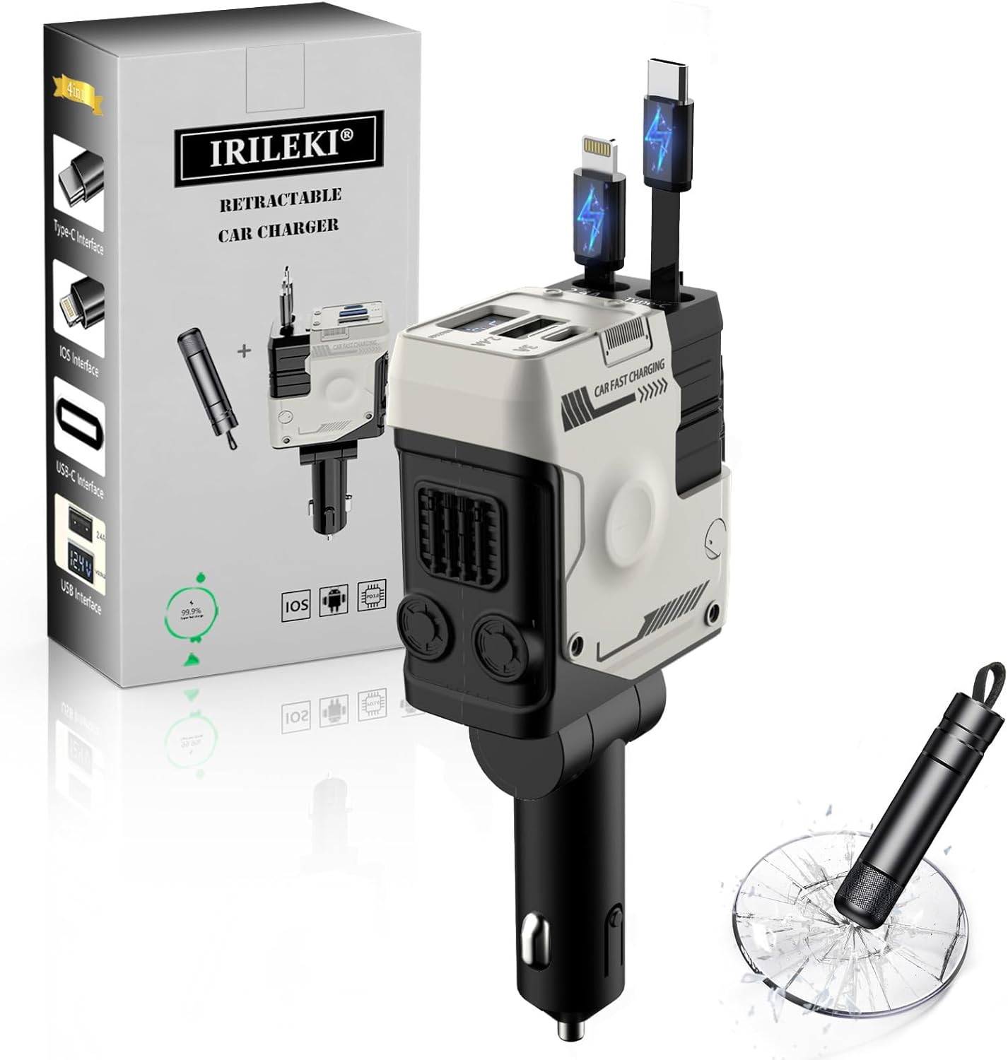 IRILEKI Retractable 4-in-1 Fast Car Charger - Universal Compatibility & Car Safety