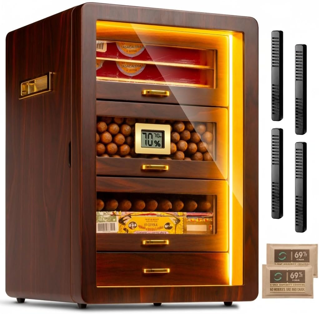 Desktop Cigar Humidor Cabinet with Triple-Sided Light and Hygrometer