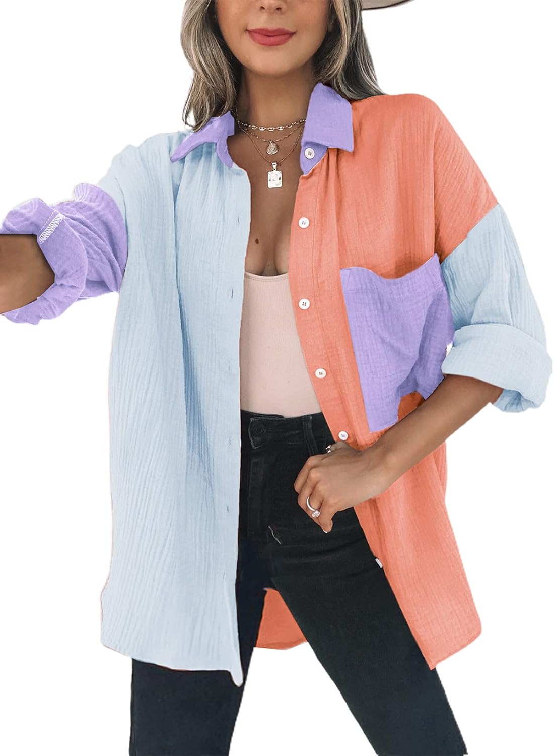 Dokotoo Womens Color Block Button Down Oversized Blouses