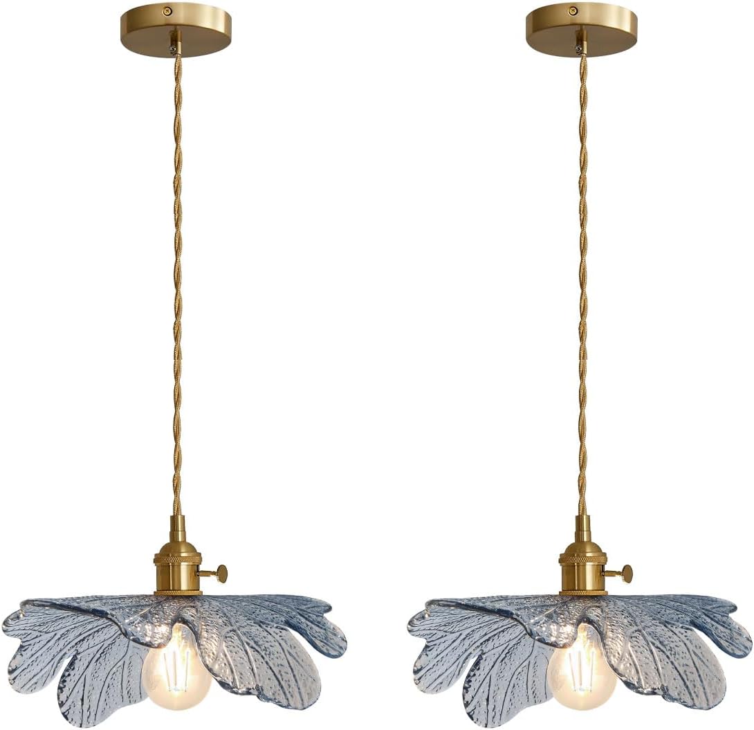 Vintage Pendant Light 2 Pack with Blue Glass Shade for Home