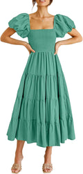 Women's Casual Summer Midi Smocked Dress - Puffy Sleeve Midi