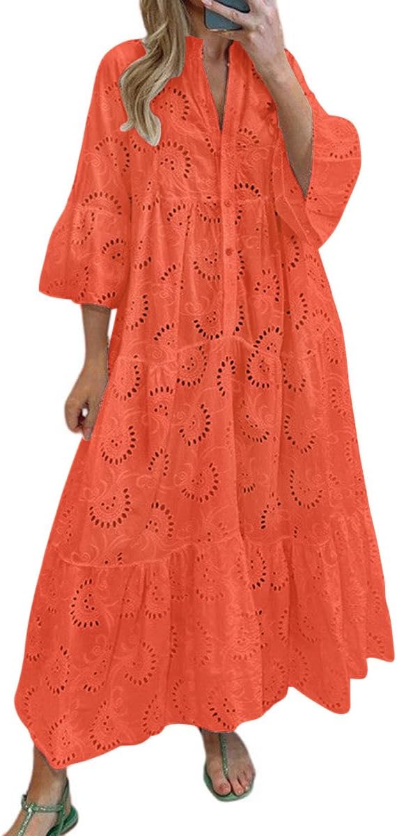 Chouyatou Women's Lace Eyelet Embroidery Maxi Dress for Summer