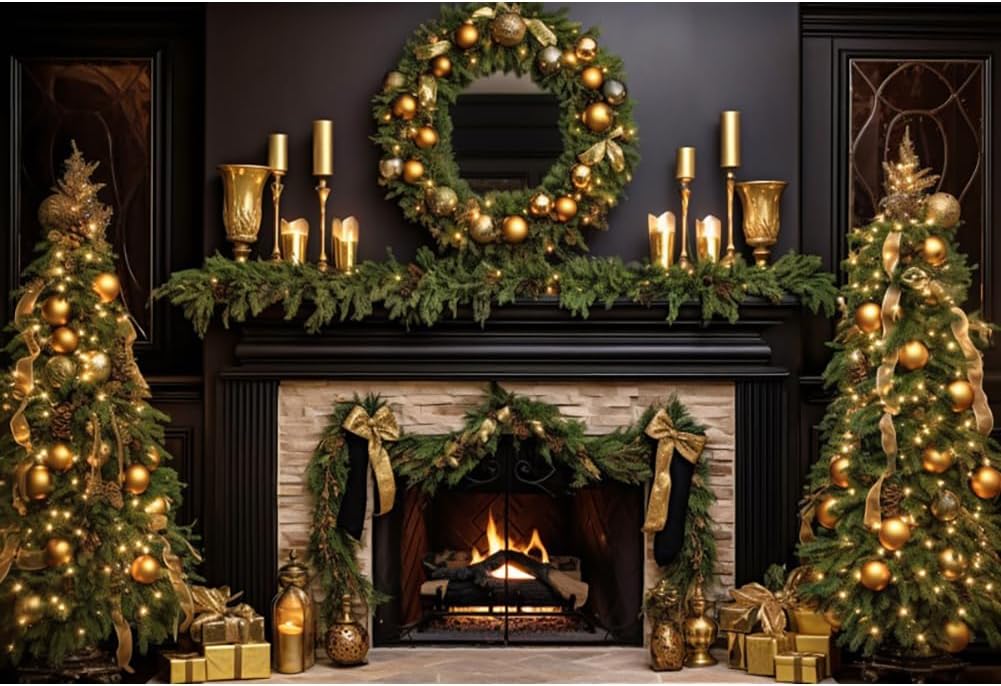 Leowefowa 10x8ft Vinyl Luxury Fireplace Background for Holidays