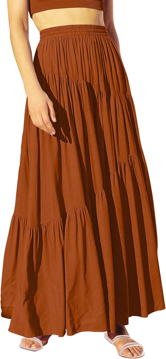 Womens Boho Elastic High Waist Pleated A-Line Maxi Skirt Dress